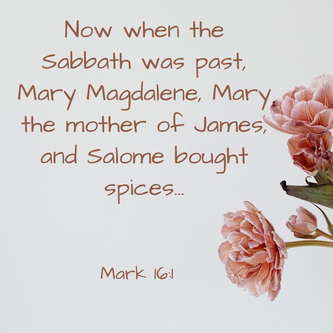 Now when the Sabbath was past, Mary Magdalene, Mary the mother of James, and Salome bought spices... - Mark 16:1