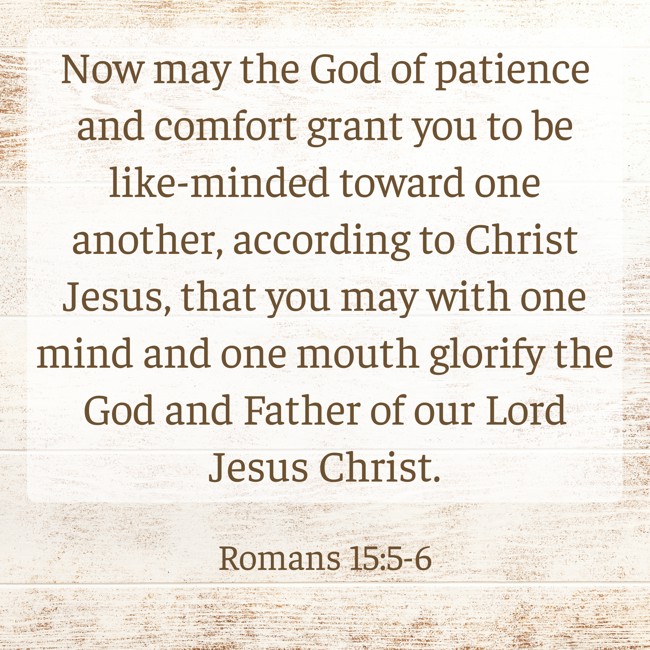 Now may the God of patience and comfort grant you to be like-minded toward one another, according to Christ Jesus, that you may with one mind and one mouth glorify the God and Father of our Lord Jesus Christ. - Romans 15:5-6
