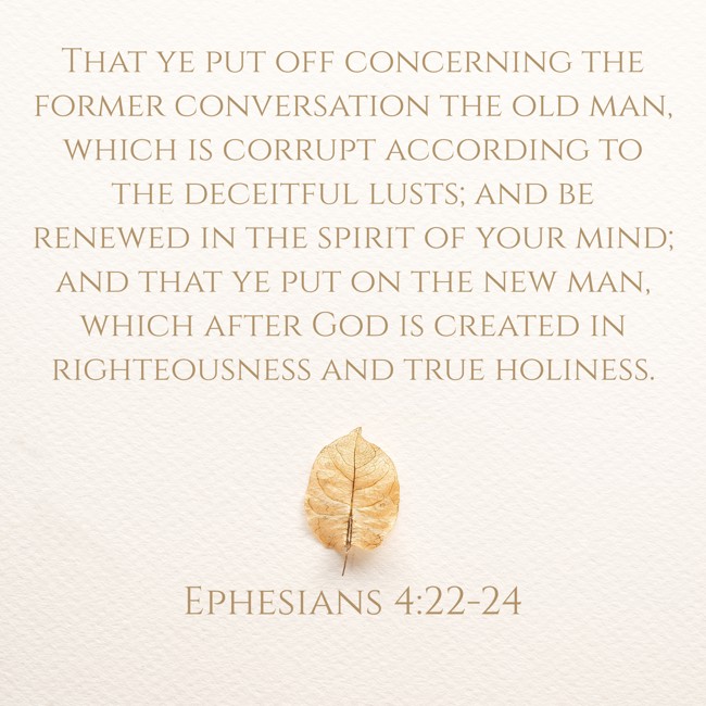 That ye put off concerning the former conversation the old man, which is corrupt according to the deceitful lusts; and be renewed in the spirit of your mind; and that ye put on the new man, which after God is created in righteousness and true holiness. - Ephesians 4:22-24