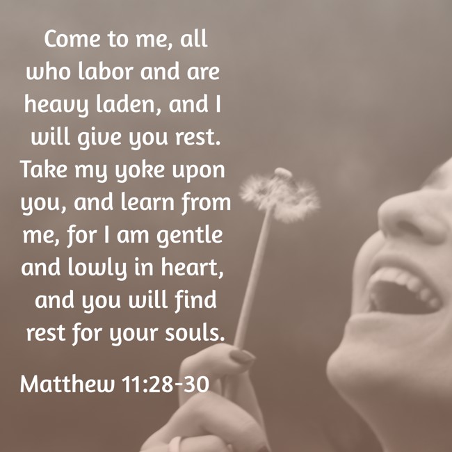 Come to me, all who labor and are heavy laden, and I will give you rest. Take my yoke upon you, and learn from me, for I am gentle and lowly in heart, and you will find rest for your souls. - Matthew 11:28-30
