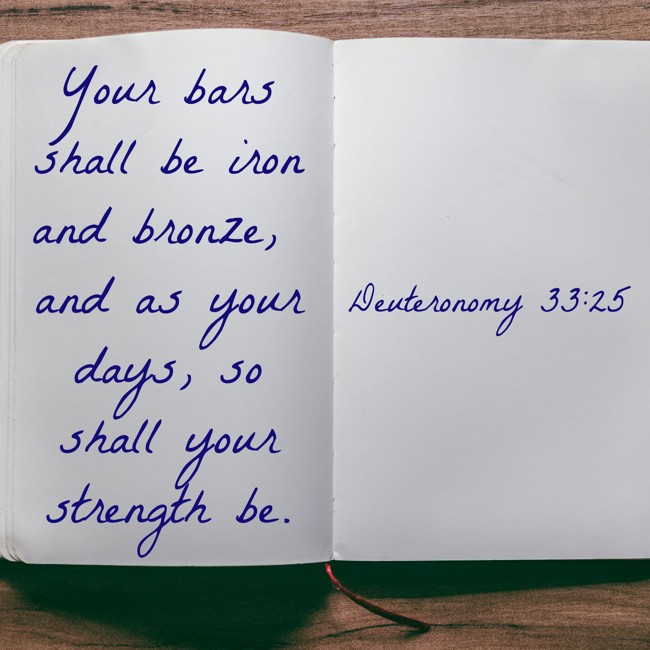 Your bars shall be iron and bronze, and as your days, so shall your strength be. - Deuteronomy 33:25