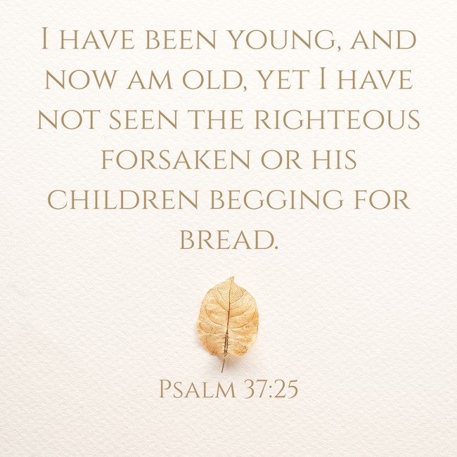 I have been young, and now am old, yet I have not seen the righteous forsaken or his children begging for bread. - Psalm 37:25