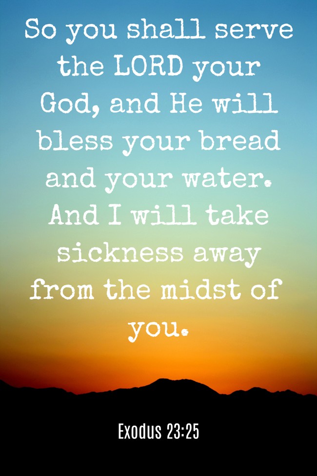  So you shall serve the LORD your God, and He will bless your bread and your water. And I will take sickness away from the midst of you.   - Exodus 23:25 