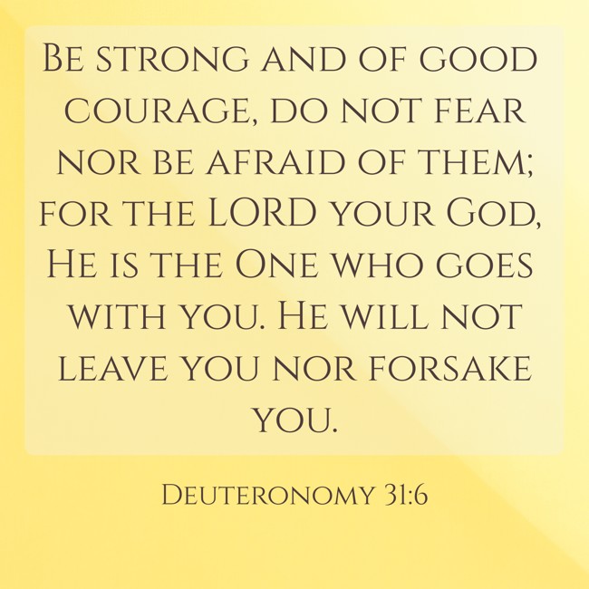  Be strong and of good courage, do not fear nor be afraid of them; for the LORD your God, He is the One who goes with you. He will not leave you nor forsake you. - Deuteronomy 31:6 