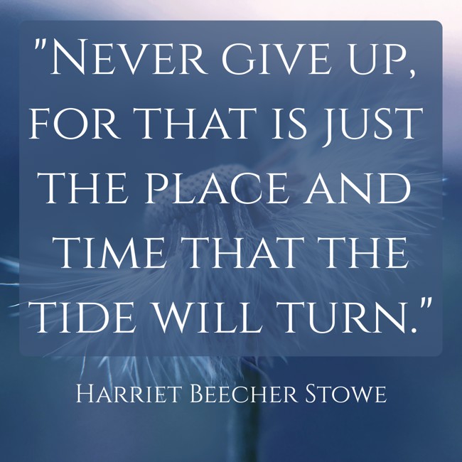  Never give up, for that is just the place and time that the tide will turn.   - Harriet Beecher Stowe 