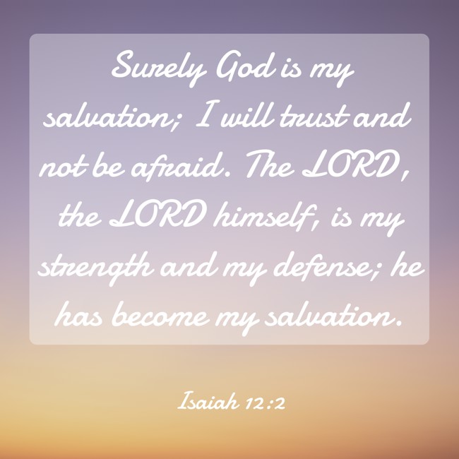 Surely God is my salvation; I will trust and not be afraid. The LORD, the LORD himself, is my strength and my defense; he has become my salvation. - Isaiah 12:2