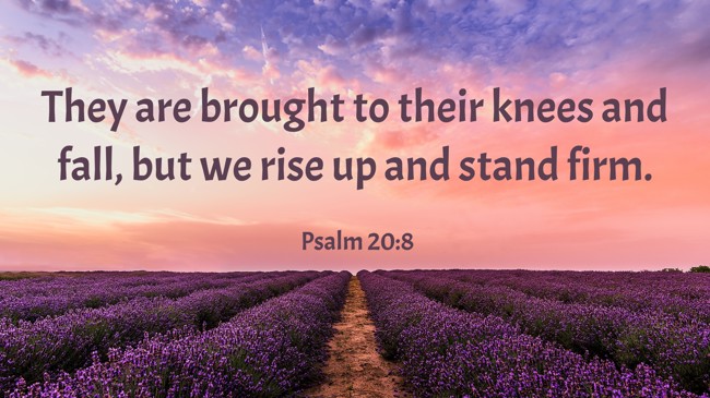 They are brought to their knees and fall, but we rise up and stand firm. - Psalm 20:8
