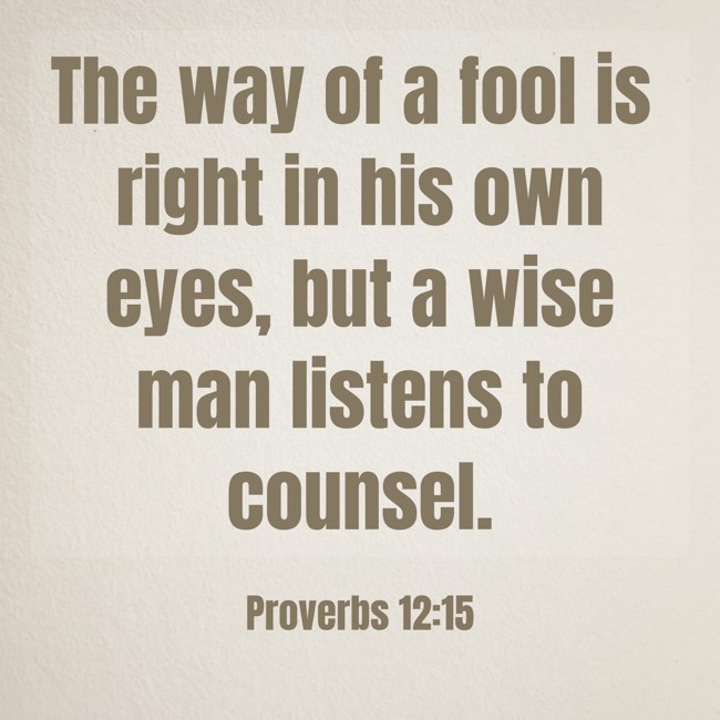 The way of a fool is right in his own eyes, but a wise man listens to counsel. - Proverbs 12:15