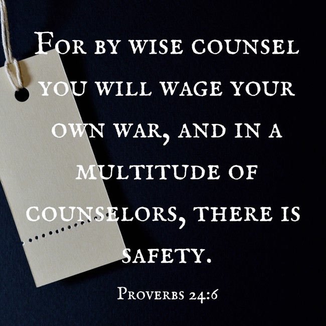 For by wise counsel you will wage your own war, and in a multitude of counselors, there is safety. - Proverbs 24:6