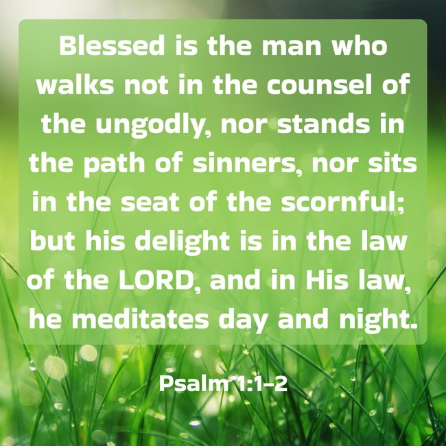 Blessed is the man who walks not in the counsel of the ungodly, nor stands in the path of sinners, nor sits in the seat of the scornful; but his delight is in the law of the LORD, and in His law, he meditates day and night. - Psalm 1:1-2