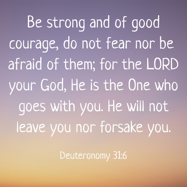 Be strong and of good courage, do not fear nor be afraid of them; for the LORD your God, He is the One who goes with you. He will not leave you nor forsake you. - Deuteronomy 31:6