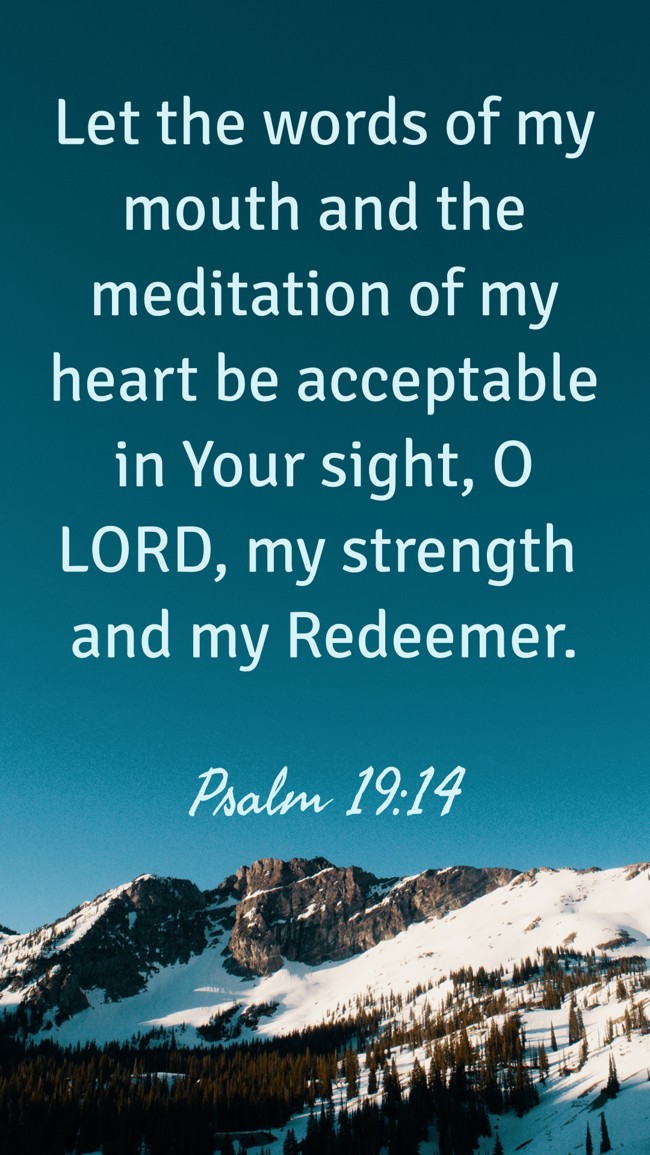 Let the words of my mouth and the meditation of my heart be acceptable in Your sight, O LORD, my strength and my Redeemer. - Psalm 19:14