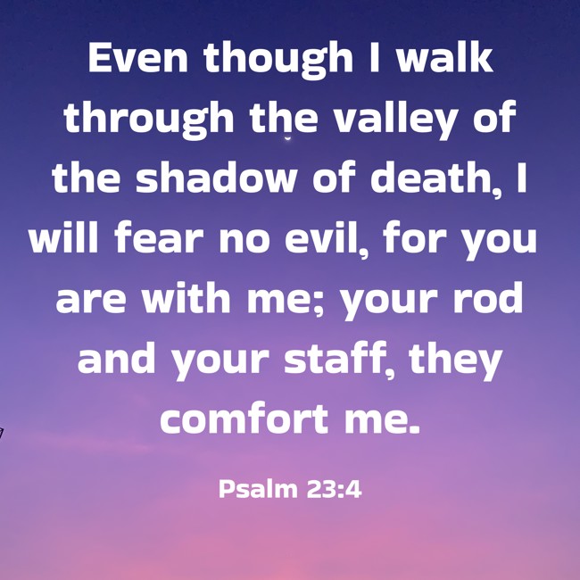 Even though I walk through the valley of the shadow of death, I will fear no evil, for you are with me; your rod and your staff, they comfort me. - Psalm 23:4