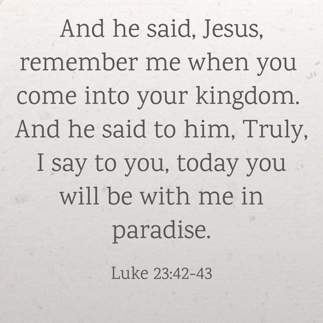 And he said, Jesus, remember me when you come into your kingdom. And he said to him, Truly, I say to you, today you will be with me in paradise. - Luke 23:42-43