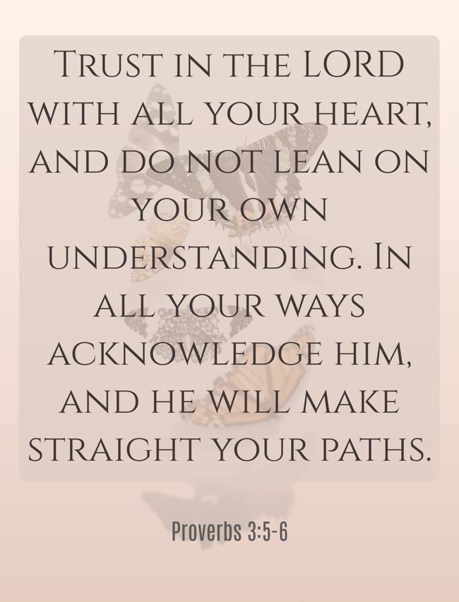 Trust in the LORD with all your heart, and do not lean on your own understanding. In all your ways acknowledge him, and he will make straight your paths. - Proverbs 3:5-6