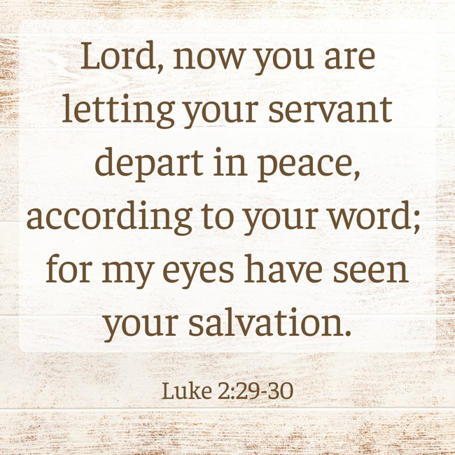 Lord, now you are letting your servant depart in peace, according to your word; for my eyes have seen your salvation. - Luke 2:29-30