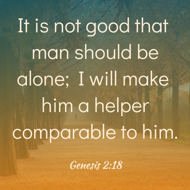 It is not good that man should be alone; I will make him a helper comparable to him. - Genesis 2:18