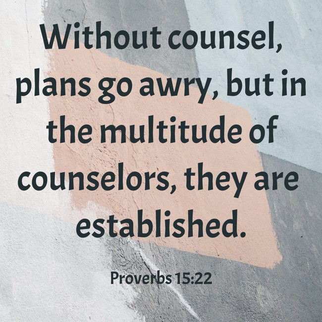Without counsel, plans go awry, but in the multitude of counselors, they are established. - Proverbs 15:22