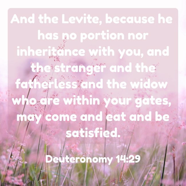 And the Levite, because he has no portion nor inheritance with you, and the stranger and the fatherless and the widow who are within your gates, may come and eat and be satisfied. - Deuteronomy 14:29