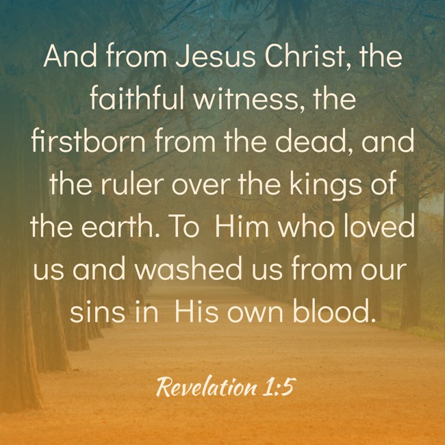 And from Jesus Christ, the faithful witness, the firstborn from the dead, and the ruler over the kings of the earth. To Him who loved us and washed us from our sins in His own blood. - Revelation 1:5