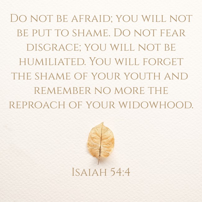 Do not be afraid; you will not be put to shame. Do not fear disgrace; you will not be humiliated. You will forget the shame of your youth and remember no more the reproach of your widowhood. - Isaiah 54:4