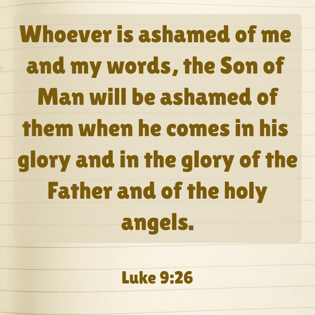 Whoever is ashamed of me and my words, the Son of Man will be ashamed of them when he comes in his glory and in the glory of the Father and of the holy angels. - Luke 9:26