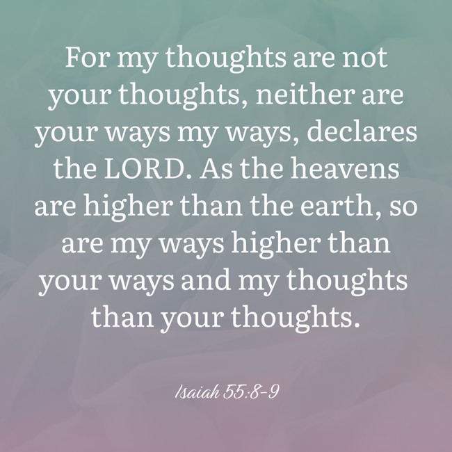 For my thoughts are not your thoughts, neither are your ways my ways, declares the LORD. As the heavens are higher than the earth, so are my ways higher than your ways and my thoughts than your thoughts. - Isaiah 55:8-9