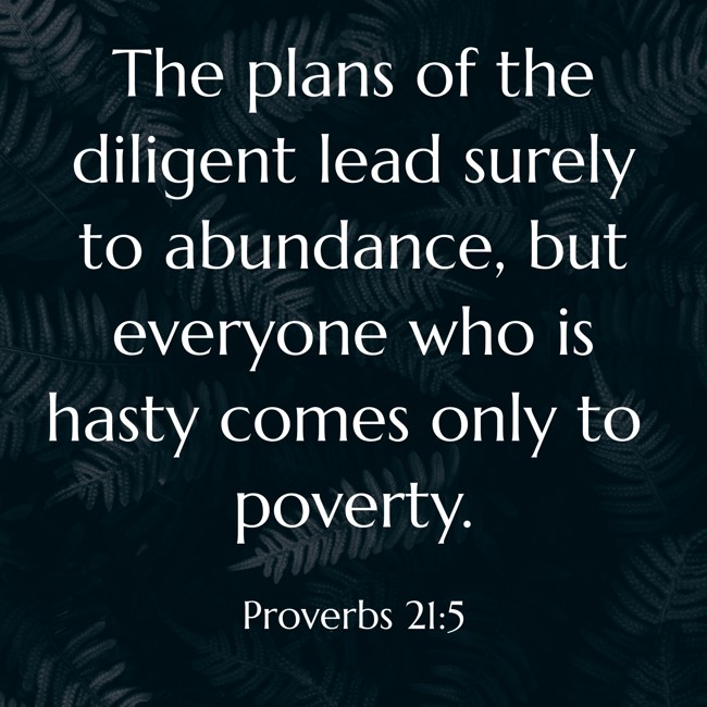 The plans of the diligent lead surely to abundance, but everyone who is hasty comes only to poverty. - Proverbs 21:5