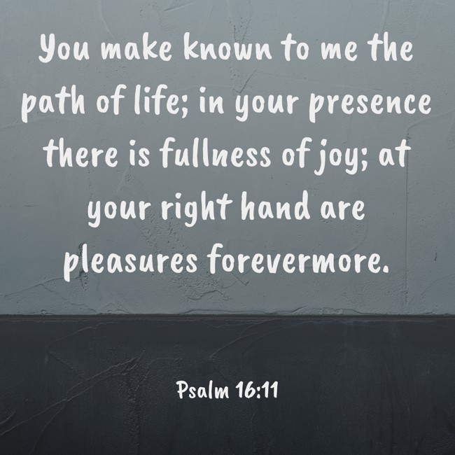 You make known to me the path of life; in your presence there is fullness of joy; at your right hand are pleasures forevermore. - Psalm 16:11