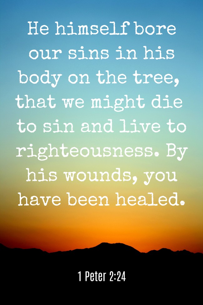 He himself bore our sins in his body on the tree, that we might die to sin and live to righteousness. By his wounds, you have been healed. - 1 Peter 2:24