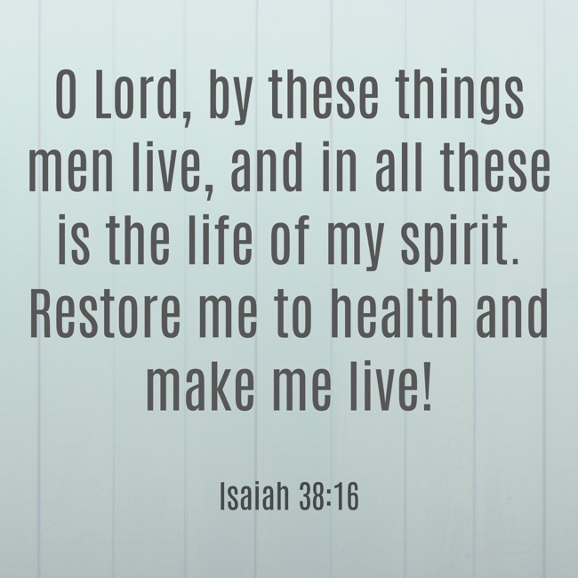 O Lord, by these things men live, and in all these is the life of my spirit. Restore me to health and make me live! - Isaiah 38:16