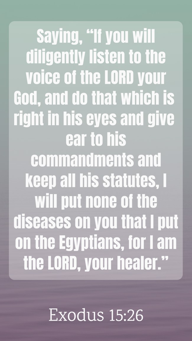 Saying, “If you will diligently listen to the voice of the LORD your God, and do that which is right in his eyes and give ear to his commandments and keep all his statutes, I will put none of the diseases on you that I put on the Egyptians, for I am the LORD, your healer.” - Exodus 15:26
