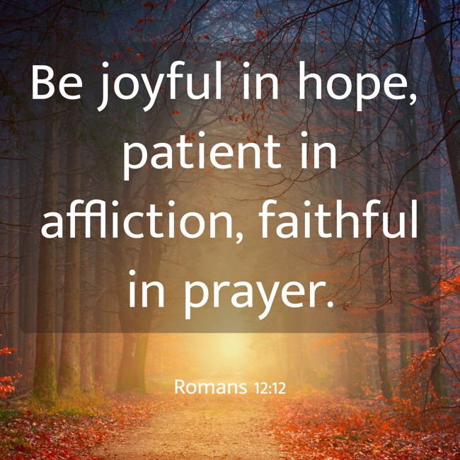 Be joyful in hope, patient in affliction, faithful in prayer. - Romans 12:12