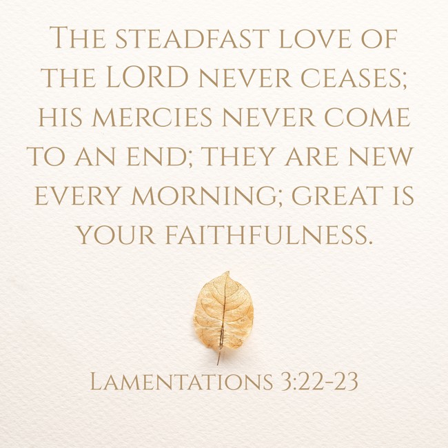 The steadfast love of the LORD never ceases; his mercies never come to an end; they are new every morning; great is your faithfulness. - Lamentations 3:22-23