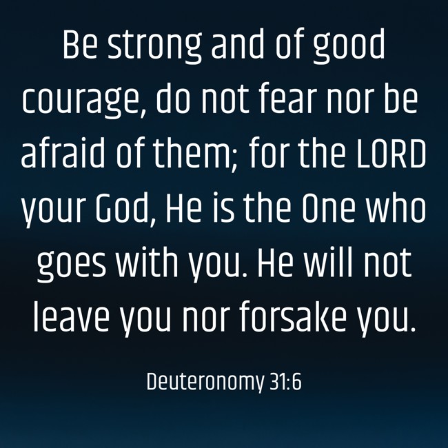 Be strong and of good courage, do not fear nor be afraid of them; for the LORD your God, He is the One who goes with you. He will not leave you nor forsake you. - Deuteronomy 31:6