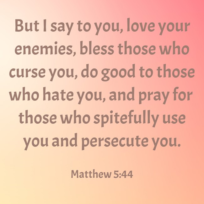 But I say to you, love your enemies, bless those who curse you, do good to those who hate you, and pray for those who spitefully use you and persecute you. - Matthew 5:44