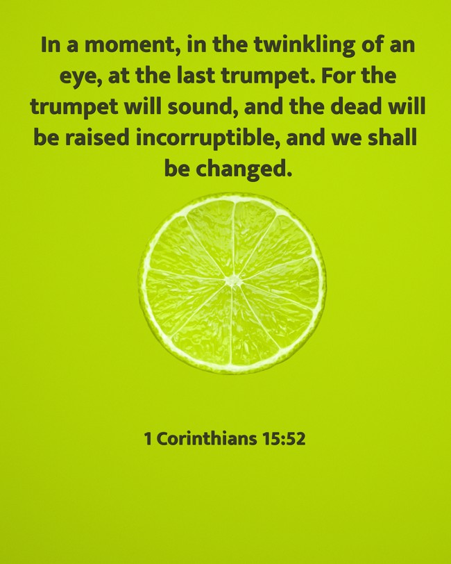  In a moment, in the twinkling of an eye, at the last trumpet. For the trumpet will sound, and the dead will be raised incorruptible, and we shall be changed.   - 1 Corinthians 15:52 