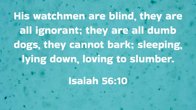 His watchmen are blind, they are all ignorant; they are all dumb dogs, they cannot bark; sleeping, lying down, loving to slumber. - Isaiah 56:10