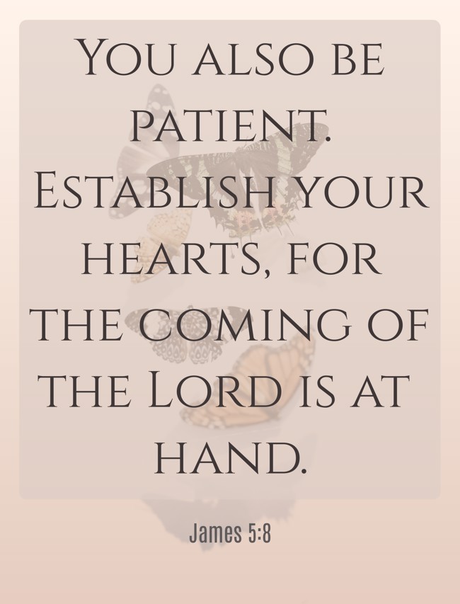You also be patient. Establish your hearts, for the coming of the Lord is at hand. - James 5:8