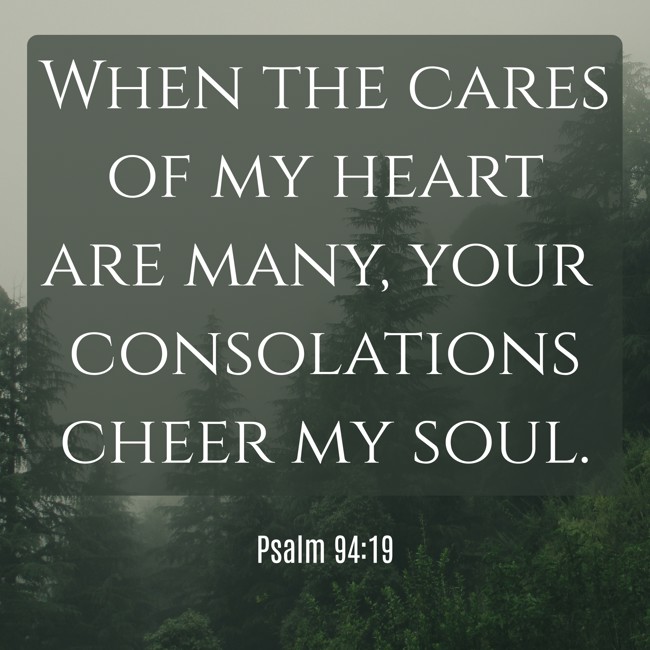 When the cares of my heart are many, your consolations cheer my soul. - Psalm 94:19