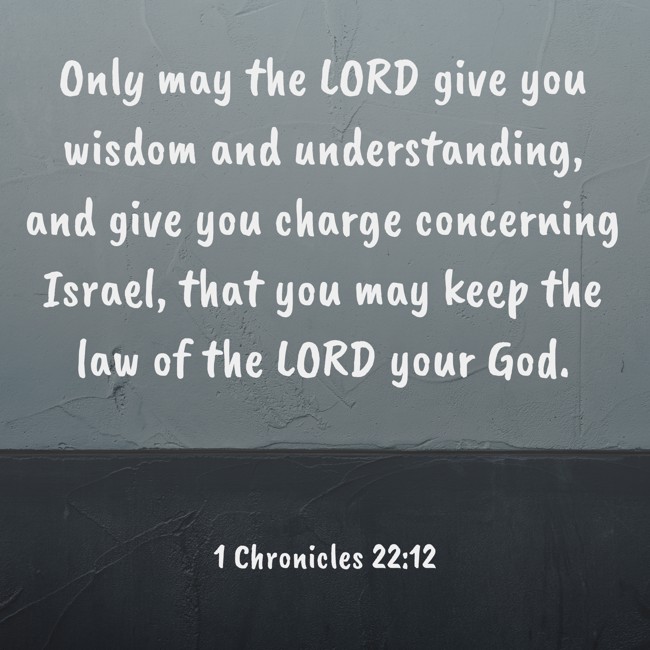Only may the LORD give you wisdom and understanding, and give you charge concerning Israel, that you may keep the law of the LORD your God. - 1 Chronicles 22:12