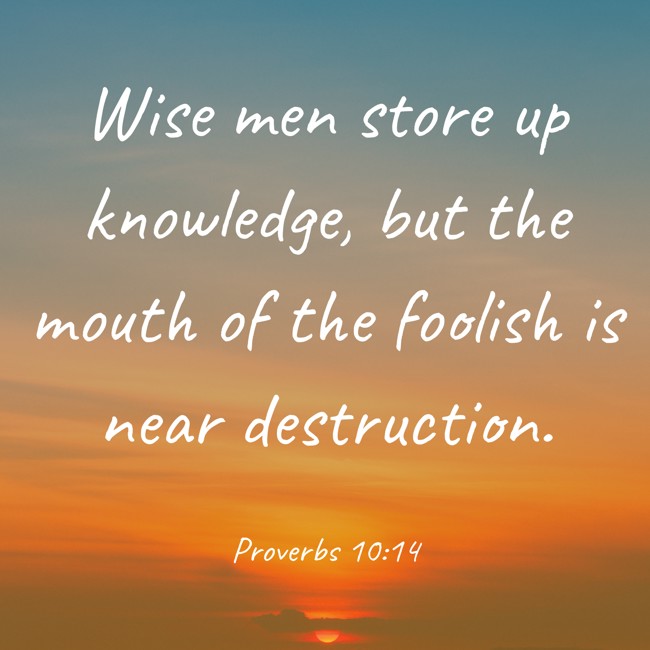 Wise men store up knowledge, but the mouth of the foolish is near destruction. - Proverbs 10:14
