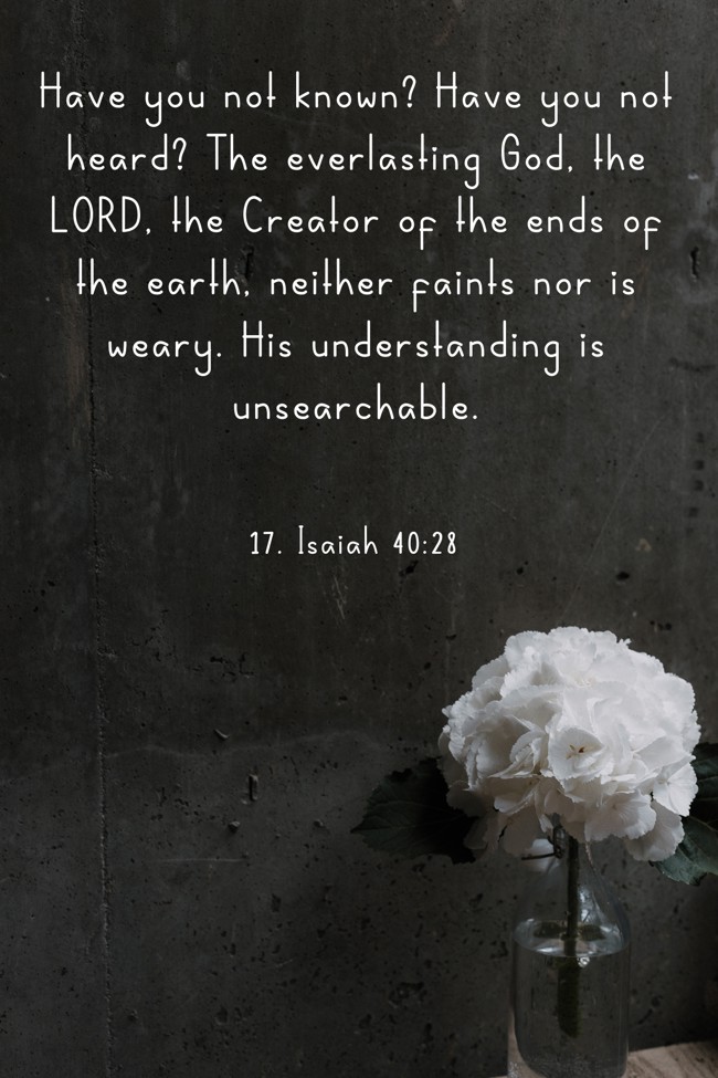 Have you not known? Have you not heard? The everlasting God, the LORD, the Creator of the ends of the earth, neither faints nor is weary. His understanding is unsearchable. - 17. Isaiah 40:28