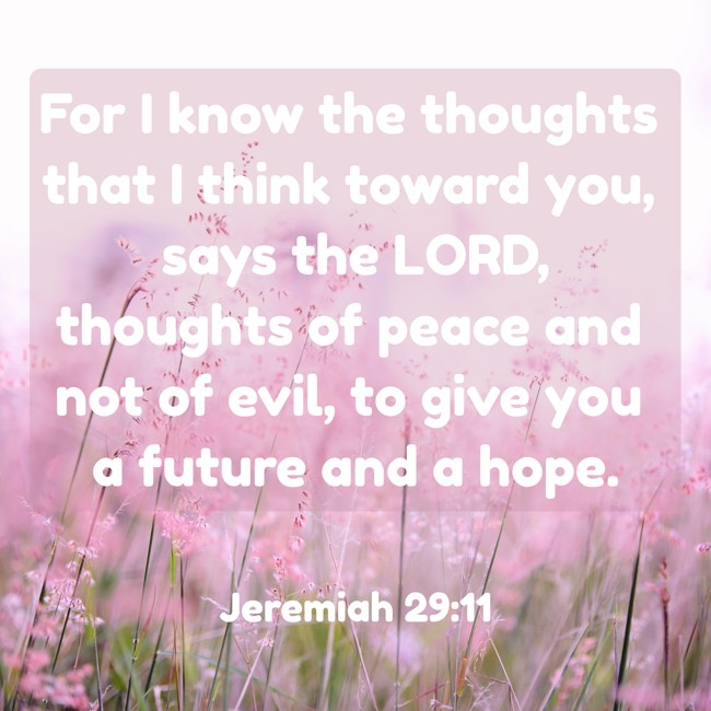 For I know the thoughts that I think toward you, says the LORD, thoughts of peace and not of evil, to give you a future and a hope. - Jeremiah 29:11
