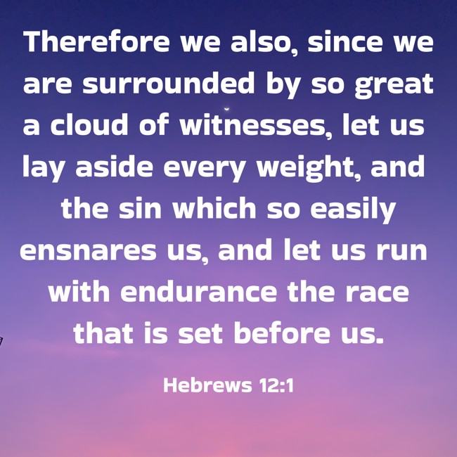Therefore we also, since we are surrounded by so great a cloud of witnesses, let us lay aside every weight, and the sin which so easily ensnares us, and let us run with endurance the race that is set before us. - Hebrews 12:1
