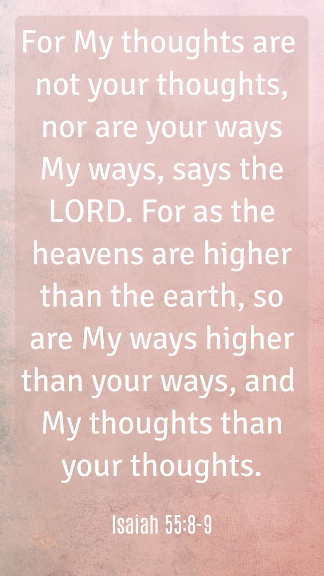 For My thoughts are not your thoughts, nor are your ways My ways, says the LORD. For as the heavens are higher than the earth, so are My ways higher than your ways, and My thoughts than your thoughts. - Isaiah 55:8-9