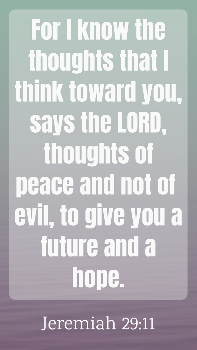 For I know the thoughts that I think toward you, says the LORD, thoughts of peace and not of evil, to give you a future and a hope. - Jeremiah 29:11