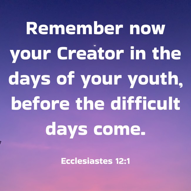 Remember now your Creator in the days of your youth, before the difficult days come. - Ecclesiastes 12:1