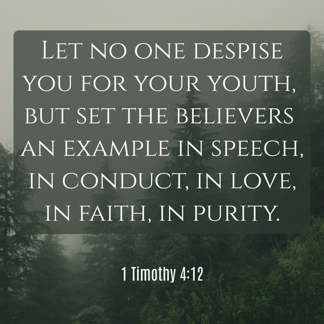 Let no one despise you for your youth, but set the believers an example in speech, in conduct, in love, in faith, in purity. - 1 Timothy 4:12