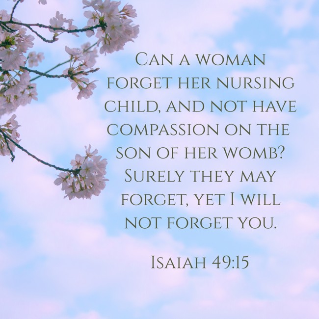 Can a woman forget her nursing child, and not have compassion on the son of her womb? Surely they may forget, yet I will not forget you. - Isaiah 49:15